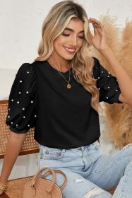 Black Rhinestone Pearl Puff Sleeve Plain T Shirt (size: (US 16-18)XL)