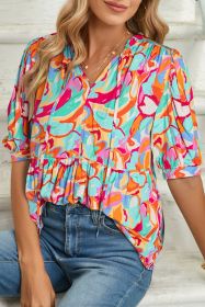 Rose Red Abstract Print V Neck Puff Sleeve Blouse (size: (US 16-18)XL)