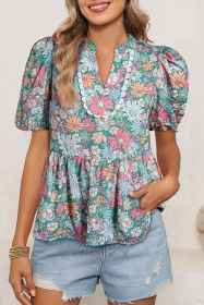 Multicolour Floral Print Short Puff Sleeve V Neck Boho Peplum Blouse (size: (US 16-18)XL)