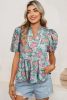 Multicolour Floral Print Short Puff Sleeve V Neck Boho Peplum Blouse