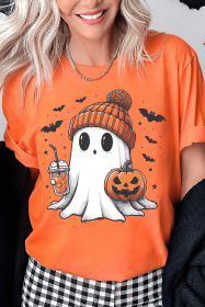 Orange Cute Ghost Pumpkin Print Halloween T Shirt (size: (US 4-6)S)