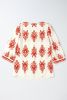 Orange Ethnic Abstract Print Puff Sleeve V Neck Blouse