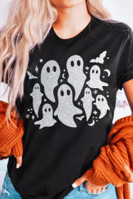 Black Halloween Glitter Ghost Pattern Graphic T Shirt (size: (US 16-18)XL)
