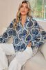 Blue Ethnic Print Button V Neck Loose Shirt