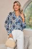 Blue Ethnic Print Button V Neck Loose Shirt