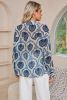 Blue Ethnic Print Button V Neck Loose Shirt