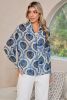 Blue Ethnic Print Button V Neck Loose Shirt