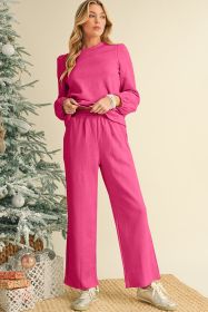 Rose Red Textured Puff Sleeve Top and Pants Set (size: (US 16-18)XL)