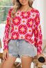 Strawberry Pink Abstract Print Shirred Cuff Loose Blouse