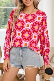 Strawberry Pink Abstract Print Shirred Cuff Loose Blouse (size: (US 16-18)XL)