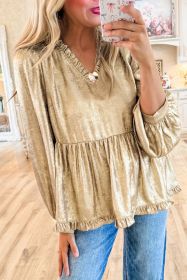 Gold Metallic Velvet Frill V Neck Puff Sleeve Babydoll Blouse (size: (US 16-18)XL)