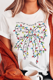 White Colorful Lights Bowknot Graphic T Shirt (size: (US 8-10)M)