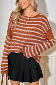 Brown Stripe Casual Round Neck Drop Shoulder Sweater (size: (US 16-18)XL)