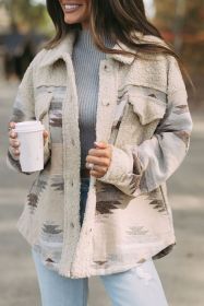 Khaki Aztec Print Sherpa Splicing Buttoned Flap Pocket Coat (size: (US 16-18)XL)