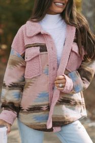 Pink Aztec Print Sherpa Splicing Buttoned Flap Pocket Coat (size: (US 16-18)XL)