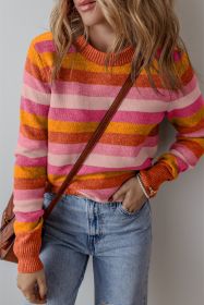 Orange Striped Ribbed Edge Round Neck Sweater (size: (US 16-18)XL)