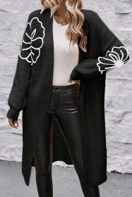 Black 60s Flower Drop Shoulder Open Front Duster Cardigan (size: (US 16-18)XL)