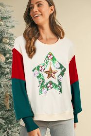 Apricot Sequin Christmas Star Color Block Sleeve Side Slits Sweatshirt (size: (US 16-18)XL)