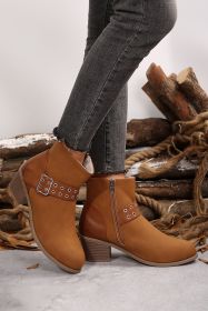 Chestnut Eyelet Buckled Chunky Heel Faux Leather Ankle Boots (size: (US 8.5)40)