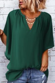 Green Casual Split Neck Pleated Loose Blouse (size: (US 4-6)S)