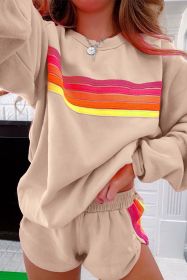 Apricot Colorful Striped Long Sleeve Pullover and Shorts Set (size: (US 4-6)S)