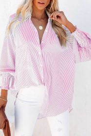 Pink Striped Casual Shirred Cuffs Shirt (size: （(US 20-22) XXL)