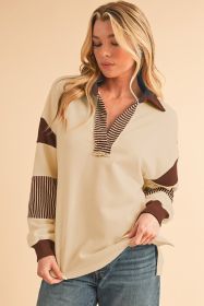 Light French Beige Striped Patchwork Collar Sweatshirt (size: (US 16-18)XL)