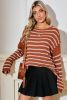 Brown Stripe Casual Round Neck Drop Shoulder Sweater