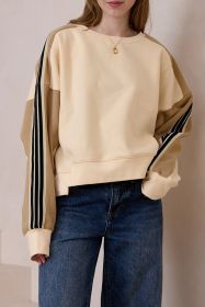 Beige Striped Colorblock Drop Sleeve Sweatshirt (size: (US 16-18)XL)