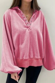 Pink Solid Snap Buttons Collared Balloon Sleeve Oversized Sweatshirt (size: (US 4-6)S)