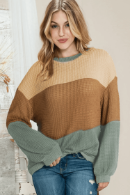 Green Waffle Knit Color Block Drop Sleeve Loose Top (size: (US 16-18)XL)
