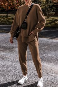 Coffee Solid Color High Low Pullover and Pants Set (size: (US 16-18)XL)