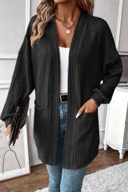 Black Textured Knit Side Pockets Open Front Cardigan (size: (US 16-18)XL)