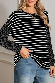 Black Stripe Patchwork Loose Long Sleeve Tee (size: (US 16-18)XL)