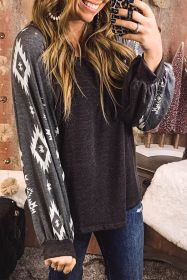 Black Ethnic Geometric Print Long Sleeve Top (size: (US 16-18)XL)