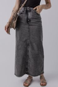 Dark Grey Denim Raw Hem Back Split High Waist Long Skirt (size: (US 16-18)XL)