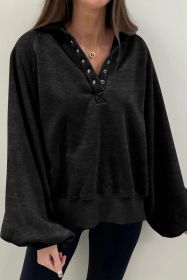 Black Snap Buttons Collared Balloon Sleeve Oversized Sweatshirt (size: (US 16-18)XL)