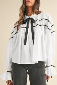 White Sweet Bowknot Button-up Long Sleeve Blouse (size: (US 16-18)XL)