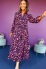 Blue Abstract Print Collared Tiered Flowy Maxi Dress