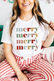 White Colorful merry Printed Crewneck Christmas T Shirt (size: (US 4-6)S)