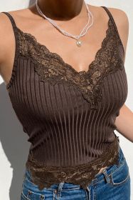 Coffee Lace Applique Sexy Ribbed Camisole (size: (US 16-18)XL)