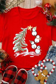 Red Christmas Tree Snowman Printed Crewneck T Shirt (size: (US 16-18)XL)