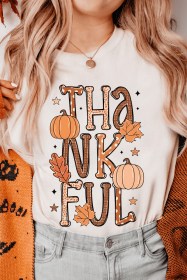 White THANKFUL Pumpkin Leaves Graphic Crewneck Thanksgiving T Shirt (size: (US 16-18)XL)
