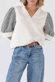 White Geometric Frill V Neck Puff Sleeve Blouse (size: (US 16-18)XL)