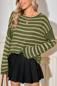Green Stripe Casual Stripe Round Neck Drop Shoulder Sweater (size: (US 4-6)S)