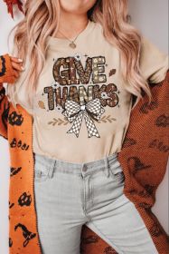 Khaki GIVE THANKS Bowknot Printed Crewneck T Shirt (size: (US 16-18)XL)