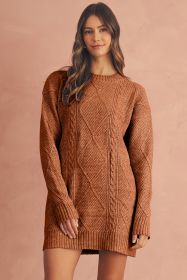 Coffee Twist Cable Knit Drop Shoulder Loose Fit Sweater Dress (size: (US 4-6)S)