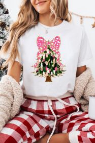 White Glittering Bowknot Christmas Tree Graphic Crewneck Tee (size: (US 16-18)XL)