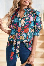 Green 60s Floral Print Puff Sleeve Tied V Neck Blouse (size: (US 16-18)XL)