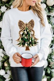 Beige Glittering Leopard Bow Christmas Tree Graphic Pullover Sweatshirt (size: (US 4-6)S)